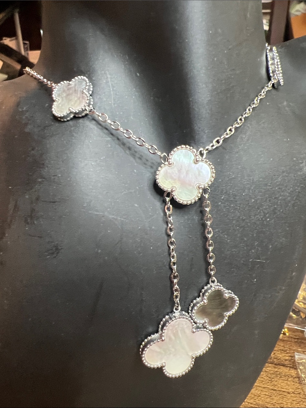 Silver Lariat Natural Mother of Pearl Clover Necklace -Inspired fashion/upcycled